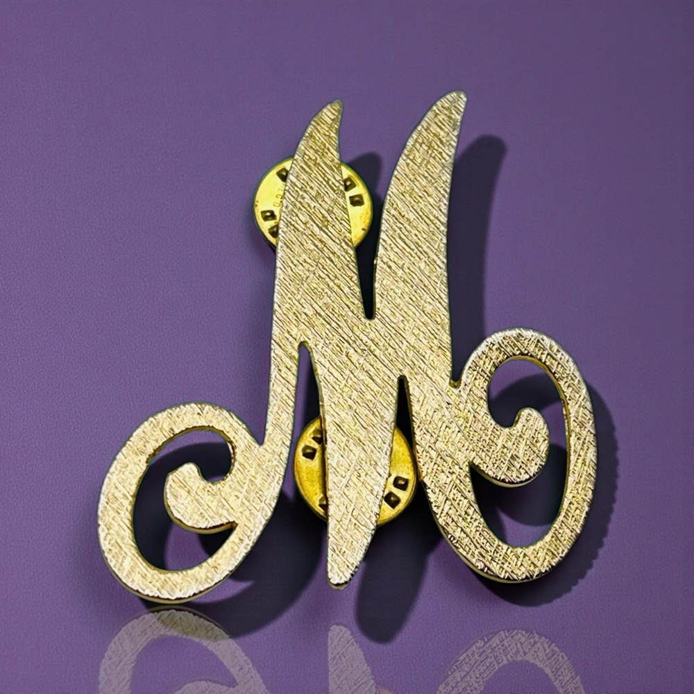 Vintage Brushed Gold Tone Letter Initial M Pin Brooch Statement Piece